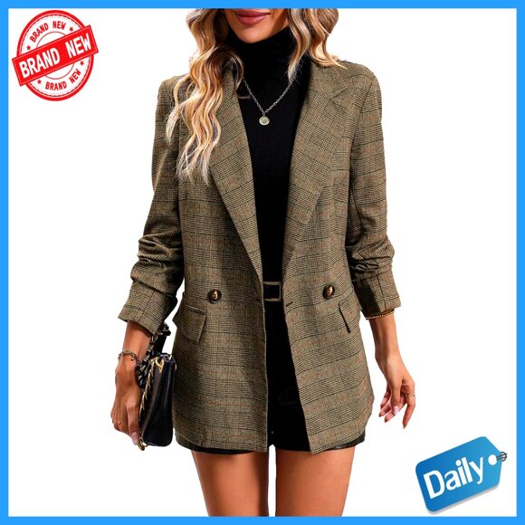 Jackets & Blazers - Plaid Houndstooth Blazer Jacket Fully Lined Button Lapel Work Office